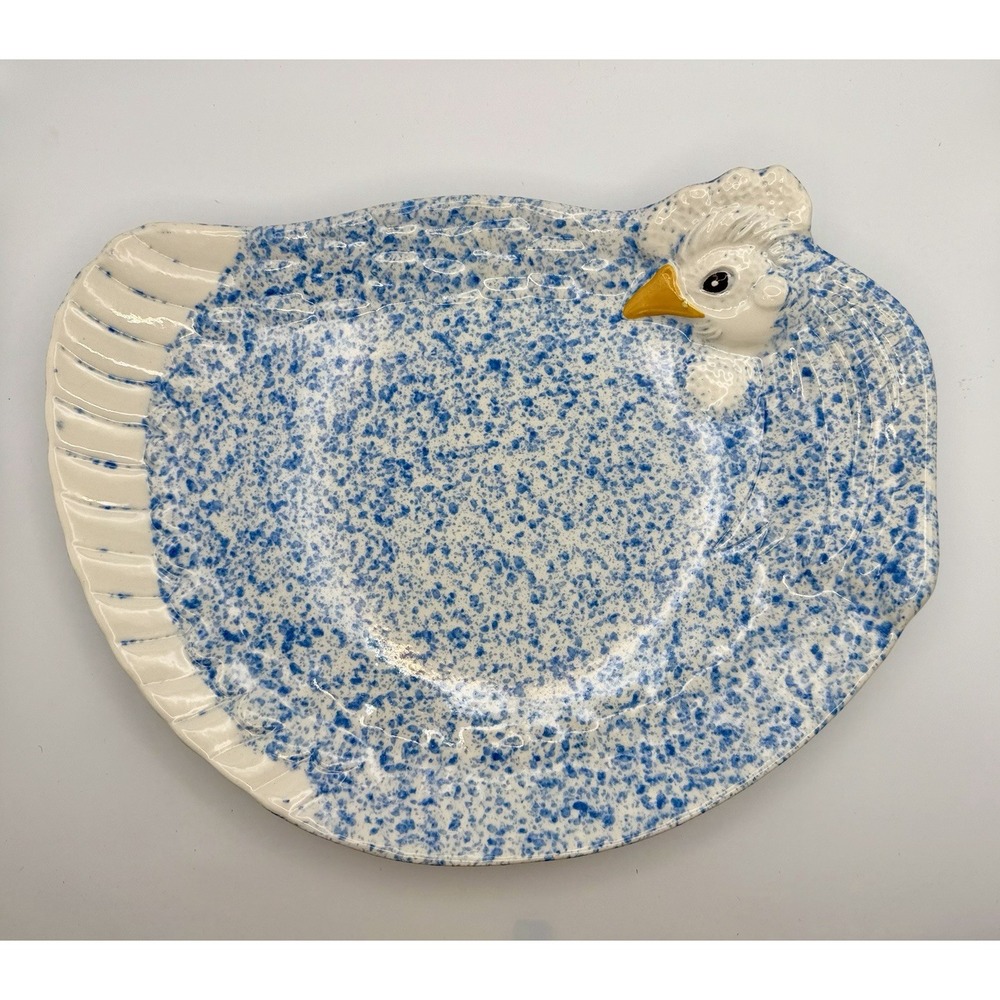 Vintage Blue White Spongeware Hen Chicken Platter Dish Ceramic by Treasure Craft